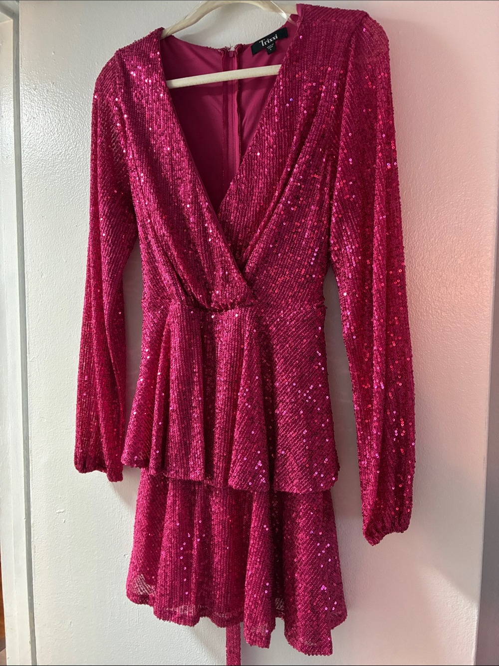 Trixxi Hot Pink Sequin Wrap Long Sleeve Mini Dress